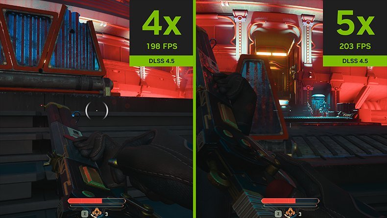 DLSS 4.5 Multi Frame Generation comparison: 4X at 198 FPS versus 5X at 203 FPS